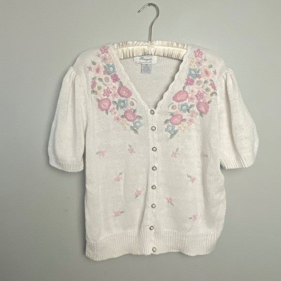 Margules Sweaters - 90's‎ Embroidered Floral Knit Cardigan Womens Medium Puff Sleeve Cottagecore